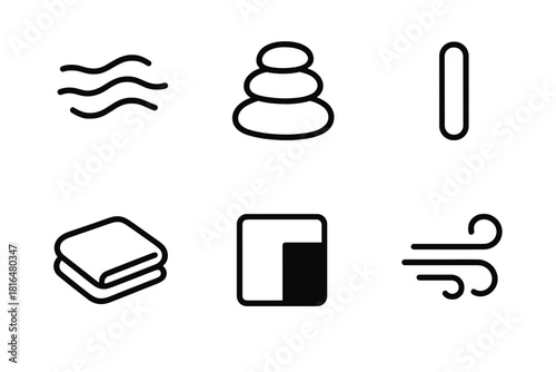 Sensory Icons Collection. Calming Sensory Elements linear icon set: tranquil mist, smooth stone stack, subtle tone bar, warm blanket fold, serene color swatch, airflow curve