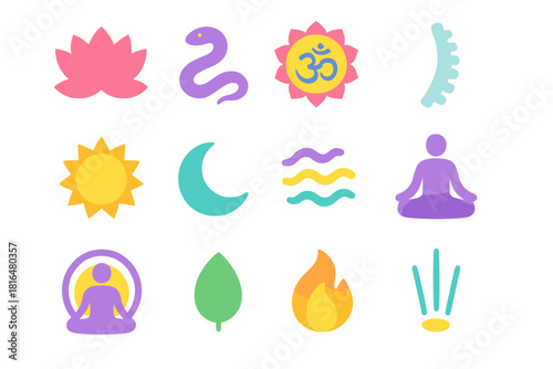 Chakra Icon Set. Chakra Activation flat icons set. lotus flower, serpent, chakra symbol, spine curve, sun, moon, energy wave, meditation pose, aura circle, leaf, flame, light beam