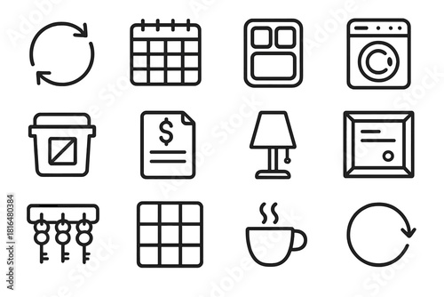 Domestic Task Icons. Domestic Flow Icons linear icon set: task rotation arrow, weekly planner, meal prep tray, laundry cycle, declutter bin, home budget sheet, calm corner lamp