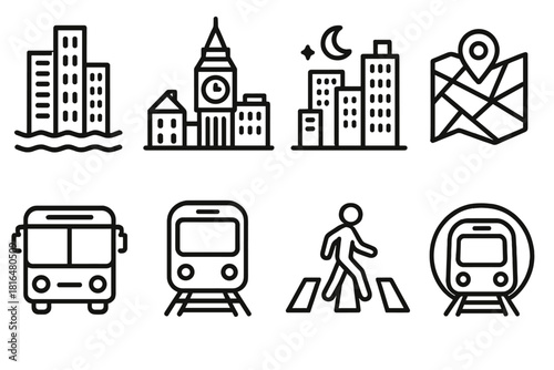 Modern Urban Skyline. Urban Skyline linear icon set. tall buildings, clock tower, river reflection, night lights, city map, bus, metro train, crosswalk.