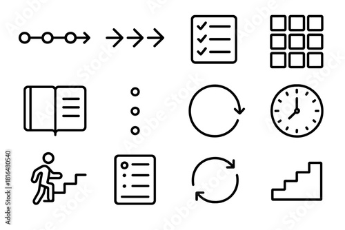 Organized Routine Icons. Structured Routine linear icon set: timeline bar, sequential arrows, task list, organized grid, planner book, routine dots, cycle icon, clock face, steady