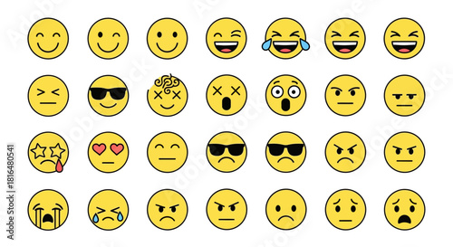 A comprehensive vector set of yellow emoticon characters. Flat style circular face icons illustrating a wide range of human emotions for digital communication