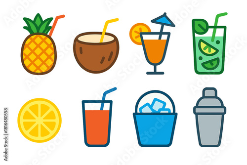 Tropical Cocktail Icons. Tropical Cocktails Icons flat icons set. pineapple drink, coconut cup, cocktail with umbrella, mojito glass, lemon slice, straw glass, ice bucket, shaker