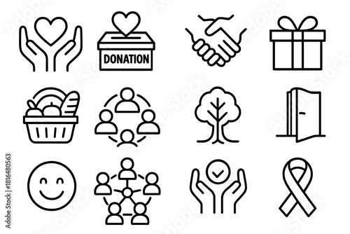 Community Sharing Icons. Community Sharing linear icon set. helping hands, heart icon, donation box, handshake, food basket, group circle, open door, smile face, people network
