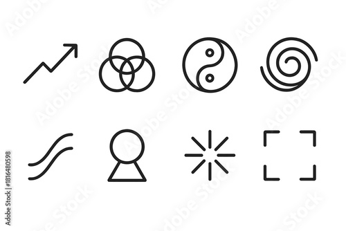 Abstract Icon Collection. Logo Concepts linear icon set: growth arrow, unity loop, balance shape, motion swirl, harmony curves, spotlight circle, spark burst, focus frame