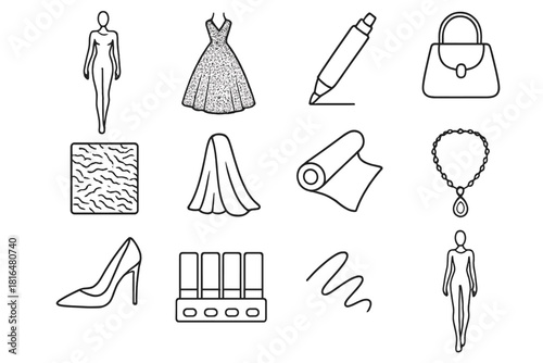 Fashion Design Elements. Runway Design Sketches linear icon set. fashion figure, marker pen, stylized gown, texture pattern, fabric roll, accessory drawing, stiletto heel, color