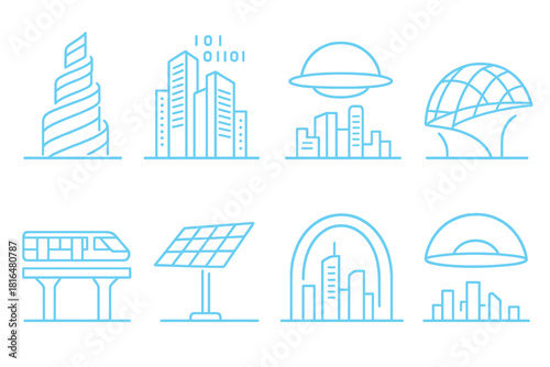 Futuristic Cityscape. Futuristic Architecture linear icon set. spiral tower, digital cityscape, hovering dome, glass bridge, neon glow, elevated transit, solar panel, skyline arc