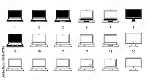 Collection of laptop and desktop computer icons in black and white, perfect for digital design