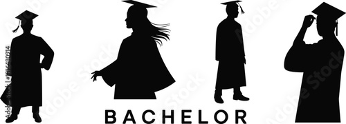 Bachelor degree graduation silhouette set, diverse male and female students celebrating academic success in cap and gown.