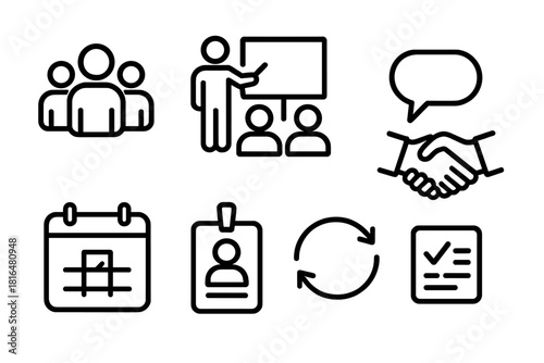 Team Collaboration Icons. Team Training linear icon set: group silhouette, presentation board, speech bubble, handshake, calendar, name tag, arrows in circle, task icon