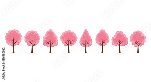 A charming collection of eight vibrant pink tree icons, featuring diverse canopy shapes in a clean, modern flat vector design, ideal for sleek digital graphic projects and springtime themes