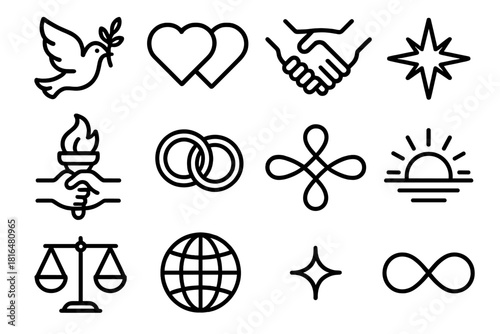 Symbols of Unity. Peace & Togetherness linear icon set. dove with branch, joined hearts, clasped hands, shining star, shared torch, intertwined rings, unity knot, horizon sun