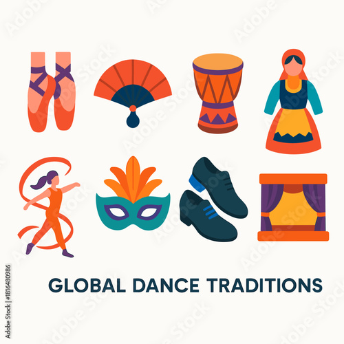 Dance Symbol Icons. Global Dance Traditions flat icon set: ballet shoes, flamenco fan, tribal drum, folk costume, ribbon dancer, samba mask, tap shoes, cultural stage