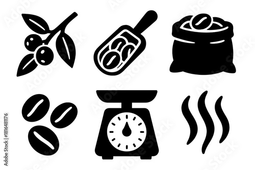 Brutalist Coffee Icon Set. Coffee Beans silhouette icon set: branch with cherries, scoop, burlap sack, scale, beans, aroma lines