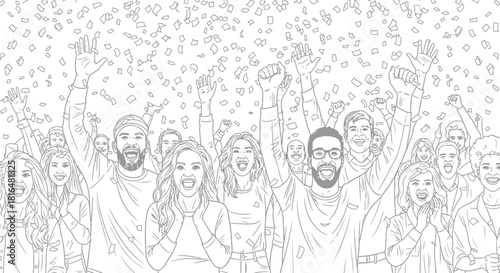 Line art crowd celebrating with confetti falling representing success and achievement