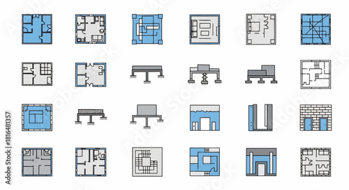 Set of building floor plans, architectural layouts, and blueprint icons with detailed designs and construction elements, representing various structures and urban planning