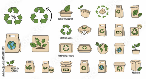 Eco-Friendly Recycling and Biodegradable Product Packaging Icons