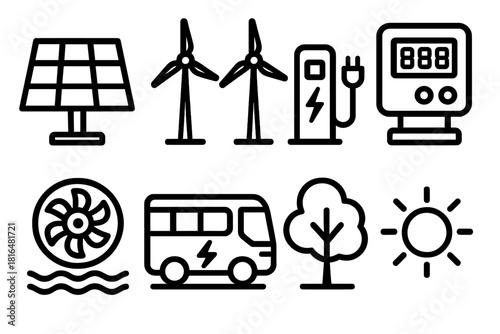 Green Tech Icons. Green Technology Growth linear icon set: solar cell, wind farm, charging station, smart meter, water turbine, electric bus, tree, sun