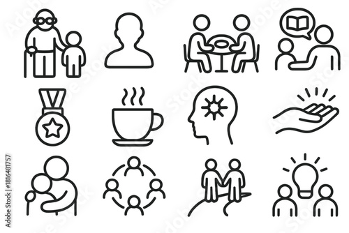Family Support Icons. Family Support Icons linear icon set: grandparent figure, child silhouette, shared meal, storytelling bubble, activity token, calming cup, memory spark