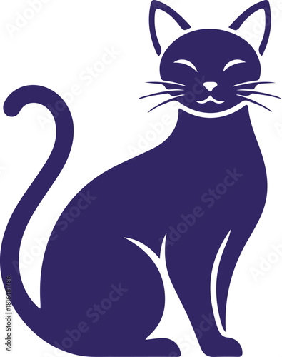 Stylized minimalist dark blue-purple cat illustration sitting calmly, vector graphic design element for pet, animal, or creative projects.