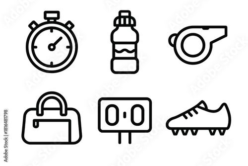 Sports Gear Icons. Sports Equipment Set linear icon set: stopwatch, water bottle, whistle, sports bag, scoreboard, cleats