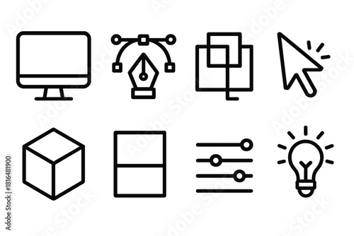 Modern Design Icons. Modern Design Concepts linear icon set. computer screen, vector shape, layering icon, cursor, 3D cube, gradient block, data lines, creative spark