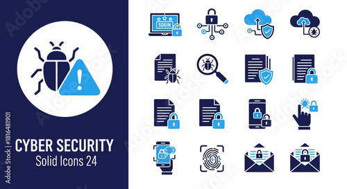 Comprehensive Collection of Modern Solid Cyber Security Icons Representing Digital Data Protection and Online Safety Concepts for Websites and Applications