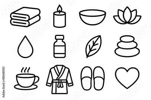 Spa Icons Collection. Spa & Serenity linear icon set. towel, candle, bowl, flower, droplet, essential oil, leaf, hot stones, tea cup, robe, slippers, heart