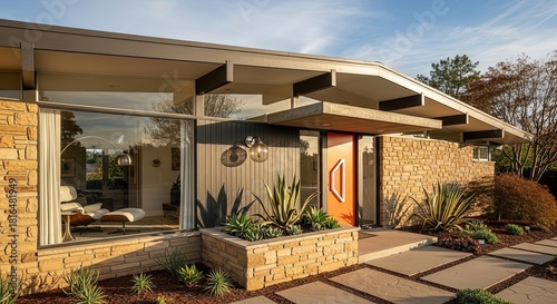 Mid-Century Modern Residence with Stone Accents and Orange Door