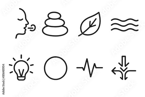 Calming Icons Collection. Calming Anxiety Aids linear icon set: slow breath icon, grounding stone, soothing leaf, gentle wave, warm light, calm bubble, steady pulse