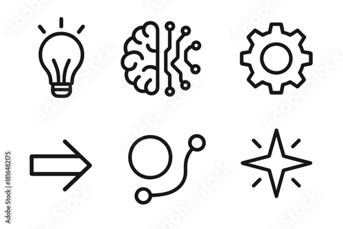 Innovation Icon Set. Innovation Mindset in Tech Essentials linear icon set: lightbulb, circuit brain, gear icon, idea spark, forward arrow, clarity dot, path line, innovation star