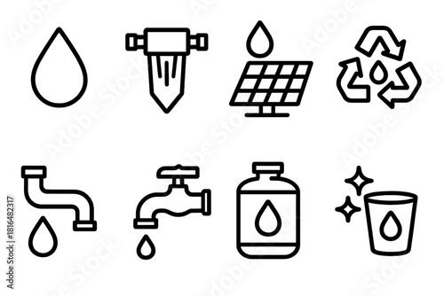 Renewable Water Icons. Renewable Water Solutions linear icon set. droplet, filter unit, solar panel, recycling symbol, pipe, faucet, tank, clean cup
