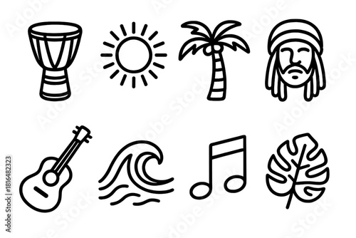 Reggae Icon Set. Rasta music set concept linear icon set: reggae drum, sun, palm tree, dreadlocks head, guitar, wave, musical note, tropical leaf , warm rhythmic outline