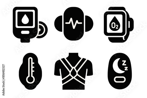 Brutalist Medical Icons. Medical Wearables silhouette icon set. glucose monitor, ECG patch, oxygen saturation tracker, temperature sensor, posture corrector, sleep tracker.