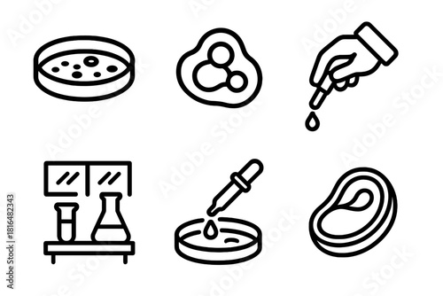 Lab-Grown Meat Icons. Lab-Grown Meat linear icon set. petri dish, meat cell, scientist hand, droplet, clean lab, steak icon
