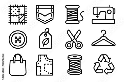 Sustainable Fashion Elements. Creative Reuse Fashion linear icon set: patchwork fabric, denim piece, thread, sewing machine, button, eco tag, scissors, hanger, tote bag, pattern