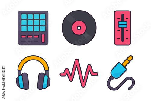 Isometric Music Icons. Electronic Music Setup flat icons set. controller pad, record disc, volume fader, headphone, beat icon, plug