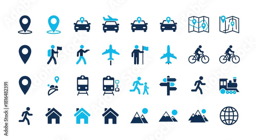 Collection of Transportation and Travel Icons including maps, vehicles, and navigation symbols