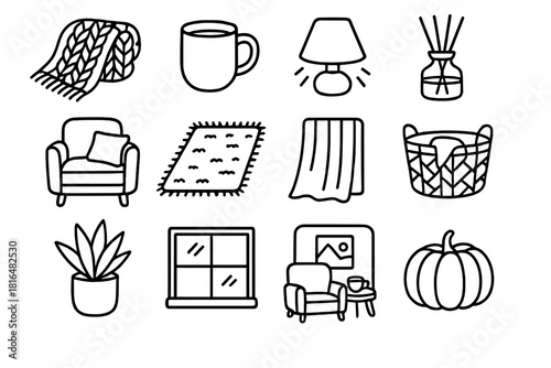 Cozy Home Essentials. Comfort-Focused Living linear icon set: knitted throw, ceramic mug, gentle lamp light, home aroma jar, cushioned seat, soft rug texture, warm curtain drape