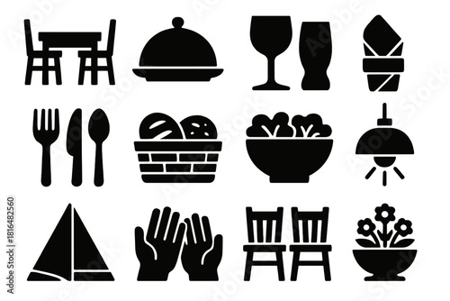 Brutalist Dinner Icons. Home Dinner Night silhouette icon set. dining table, serving dish, wine glass, napkin ring, silverware, bread basket, salad bowl, warm light, folded napkin
