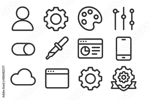 Customization Icons Collection. User Personalization linear icon set. user profile, gear symbol, theme palette, slider control, toggle switch, color picker, dashboard screen