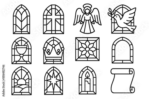 Stained Glass Icons. Religious glass designs linear icon set: cathedral window, cross, angel, dove, chalice, crown, floral pattern, frame, sunbeam, star, light, scroll