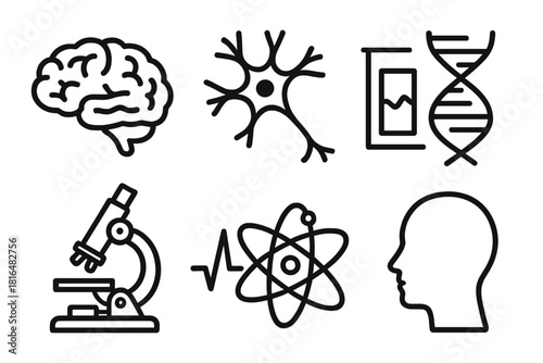 Neuroscience Icon Montage. Neuroscience study concept linear icon set: brain diagram, neuron, microscope, DNA strand, heartbeat line, atom, data chart, head