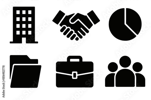 Corporate Icon Collection. Corporate relationship silhouette icon set. building, handshake, pie chart, document folder, briefcase, group of people.