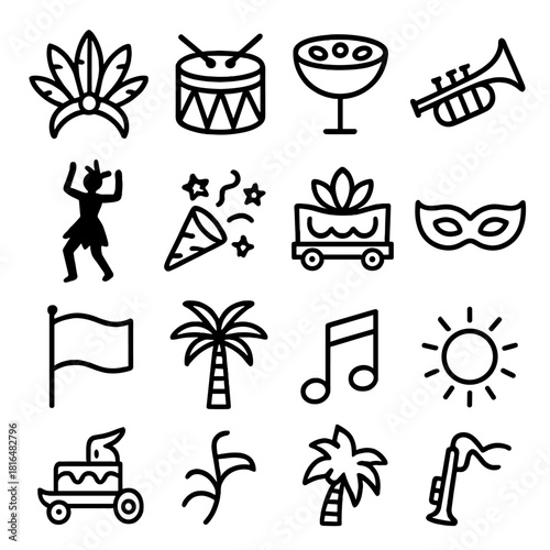 Festival Parade Icons. Festival parade icons linear icon set. feather headdress, drum, steel pan, trumpet, dancer silhouette, confetti, parade float, mask, flag, palm tree, music