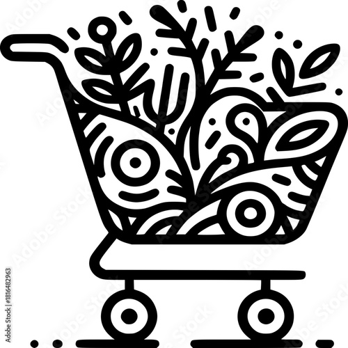 Shopping Cart of Nature's Bounty: An artistic illustration captures a shopping cart overflowing with botanical elements, evoking the essence of natural abundance and fresh produce.