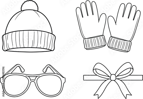 Winter accessories outline featuring a hat gloves sunglasses and a ribbon bow