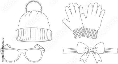 Winter accessories outline featuring a hat gloves sunglasses and ribbon bow design