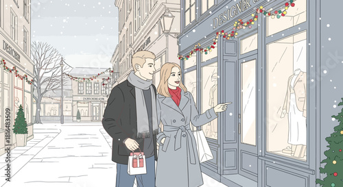 Couple window shopping on a snowy christmas day in a decorated shopping district