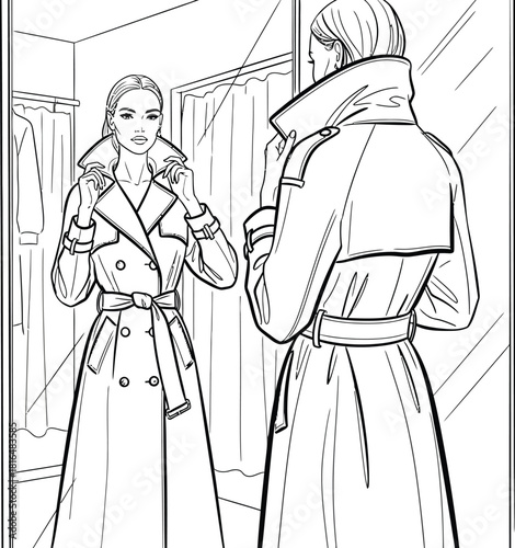 Woman in trench coat looking in mirror in a dressing room line art style